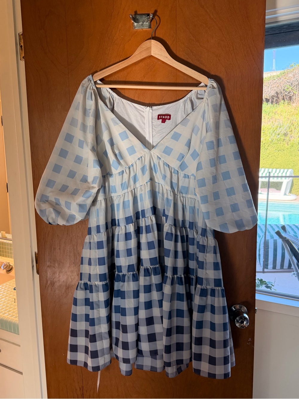 STAUD Blue and White Gingham Tiered Puff-Sleeve Dress